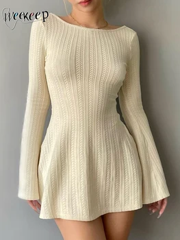 Weekeep Backless Parti Mini Elbise Rahat Sonbahar Uzun Kollu Örme Kısa Elbiseler Katı Zarif Streetwear Kadın Kıyafetleri y2k 2022