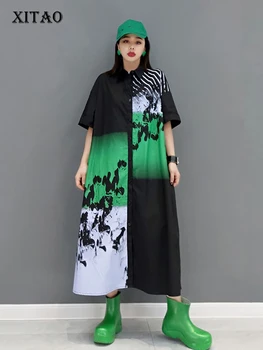XITAO Rahat Baskı Gömlek Elbise Asimetrik Kontrast Renk Ekleme Sadelik Turn-aşağı Yaka Kadınlar Yeni 2022 Yaz WMD4675