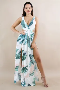 Yaprak Baskılı Uzun Boho Elbise Beachwear kadın Kolsuz V Boyun Yüksek Bölünmüş Seksi Elbise Moda Tatil Yaz Maxi Vestidos