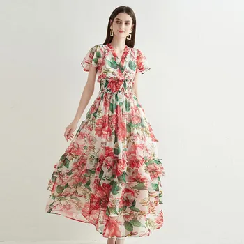 Yaz Pist Çiçek Maxi Elbise Kadınlar Bohemia Çiçek Baskı V Yaka Kelebek Kollu Elastik Bel Basamaklı Ruffles uzun elbise