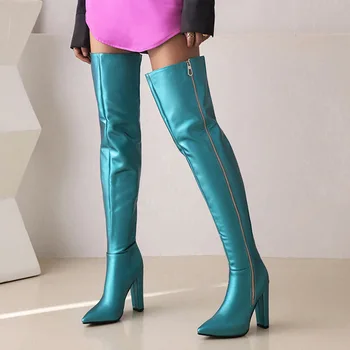 Yeni Düz Renk Sivri Burun Tıknaz Topuk Yan Fermuar Renkli Over-the-diz Çizmeler Artı Boyutu kadın Çizmeler 3