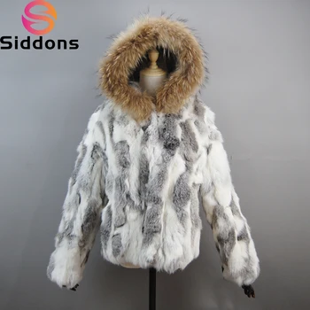Yeni Marka Kış 100 % Doğal Kürk Ceket Kadınlar Sıcak Hakiki Tavşan Kürk Ceketler Rakun Kürk Yaka Bayan Gerçek Kürk Kapşonlu Palto