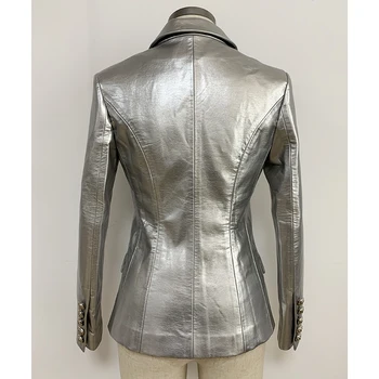 Yeni Sonbahar Kış 2022 Tasarımcı Blazer Ceket kadın Aslan Metal Düğmeler Kruvaze Sentetik Deri Blazer Palto 2