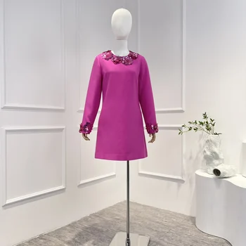 Yeni Varış Sonbahar Kış Mini Elbise Kadınlar için 2022 En Kaliteli Fuşya Çiçek Aplikler Zarif Giyim