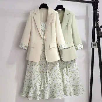 Yeşil takım elbise ceket kadın Yaz 2022 yeni high-end tasarım duygusu niş mizaç ince takım elbise çiçek elbise