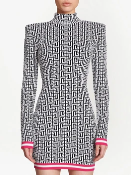 YÜKSEK SOKAK Yeni 2022 Tasarımcı Moda kadın Uzun Kollu Geometrik Monogram örme elbise