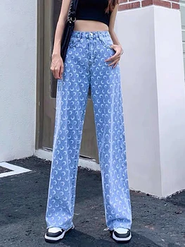 Yüksek Bel Kadın Kot Düz Kot Pantolon Geniş Bacak Ay Baskılı Gevşek Fit Streetwear Y2k Yıkanmış Femme Pantolon 2022 Moda