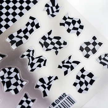 Yüksek Kaliteli Ultra-ince Üç Boyutlu Tırnak Sticker Siyah ve Beyaz Ekose 5D Kabartma Nail Art Süslemeleri Tırnak Çıkartmaları Tasarım