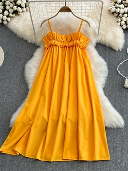 ZCWXM Yaz Giyim kadınlar için açık omuzlu Seksi Jartiyer Kat Bohemia Elbiseler Parti Gece Kulübü Gevşek Sarı Elbise