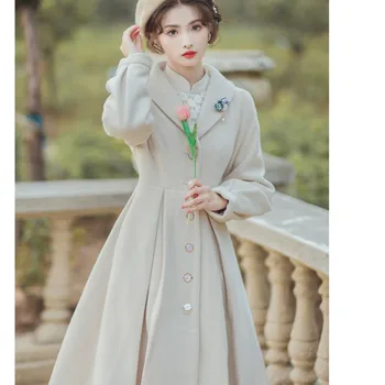 Zarif Fransız Tarzı Palto Ceket Pamuk Kalınlaşmış Kore Tek Göğüslü Tasarım Şık Rahat Mont Bayan Yün Ceket Broş Göndermek