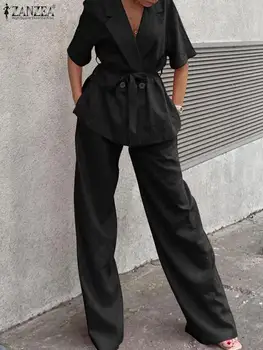 Zarif Ofis Pantolon Takım Elbise ZANZEA 2 ADET Kadın Yaz Rahat Geniş Bacak Pantolon Setleri Yaka Boyun Kısa Kollu Blazer Üst Eşleşen Setleri