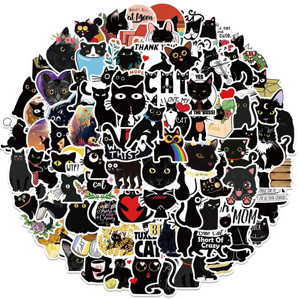 10/30/50 ADET Siyah Kedi Sevimli Karikatür Graffiti Su geçirmez Etiket Yaratıcı Dekorasyon Buzdolabı Kask GuitarSkateboardWholesale