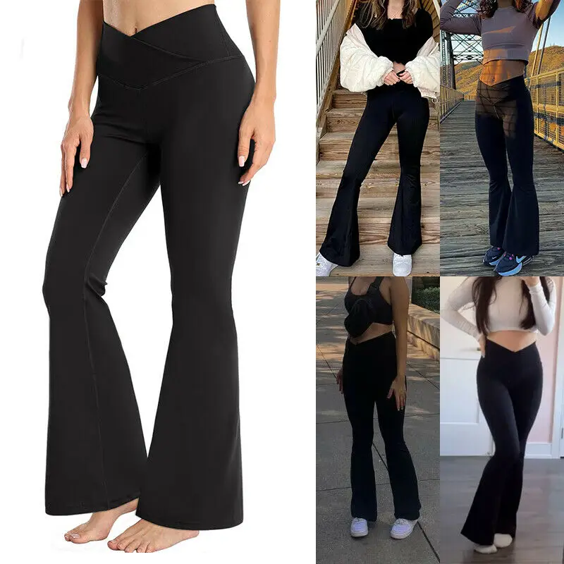 Kadın Bootcut Yoga Pantolon İş Pantolonu V Crossover Tam Boy Flare Tayt Yüksek Belli Flare Bacak Pantolon Egzersiz Tayt Günlük