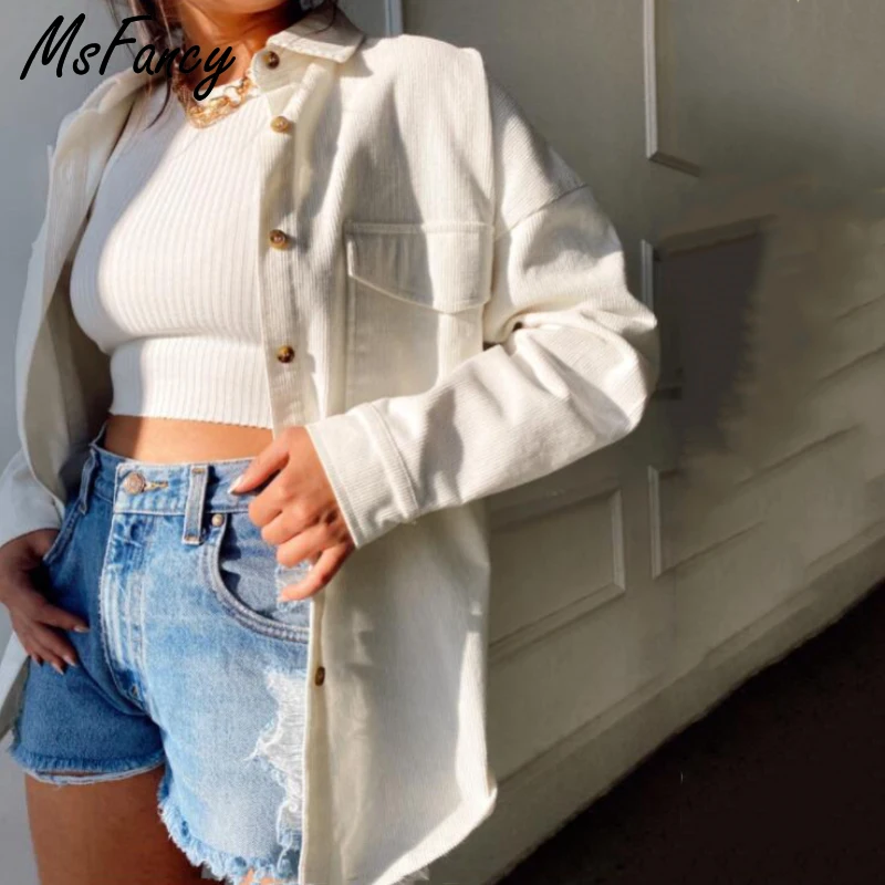 Msfancy Kadife Gömlek Ceket Kadın Beyaz Uzun Kollu Tek Göğüslü Ceket 2022 Mujer Vintage Ceket Streetwear
