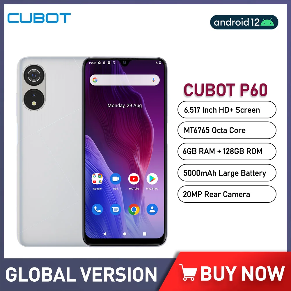 Cubot P60 Android 12 Cep Telefonu 6.517 İnç HD Ekran 6GB + 128GB Smartphone MTK6765 Octa Çekirdek Cep Telefonu 20MP Arka Kamera 5000mAh