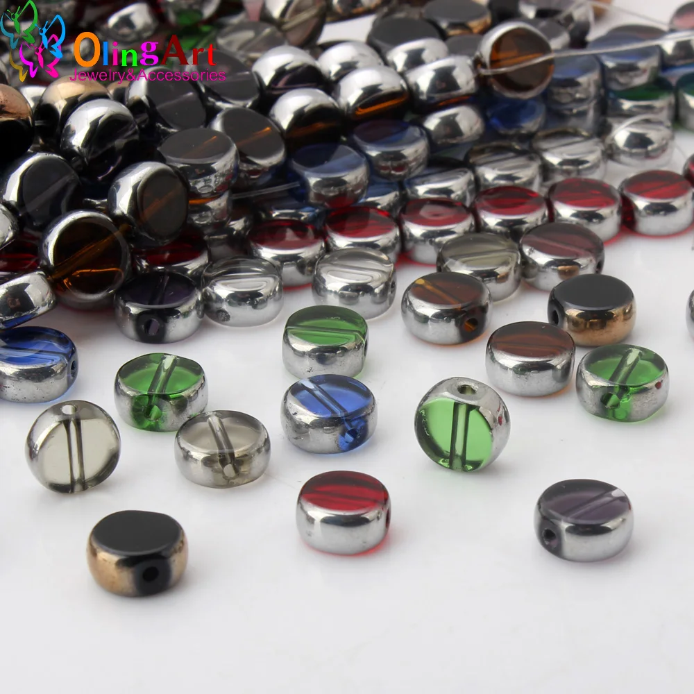 OlingArt 10mm 10 adet / grup Cam kristal Metal kaplama Karışık renkler Düz yuvarlak şekil boncuk DIY kolye Bilezik takı yapımı