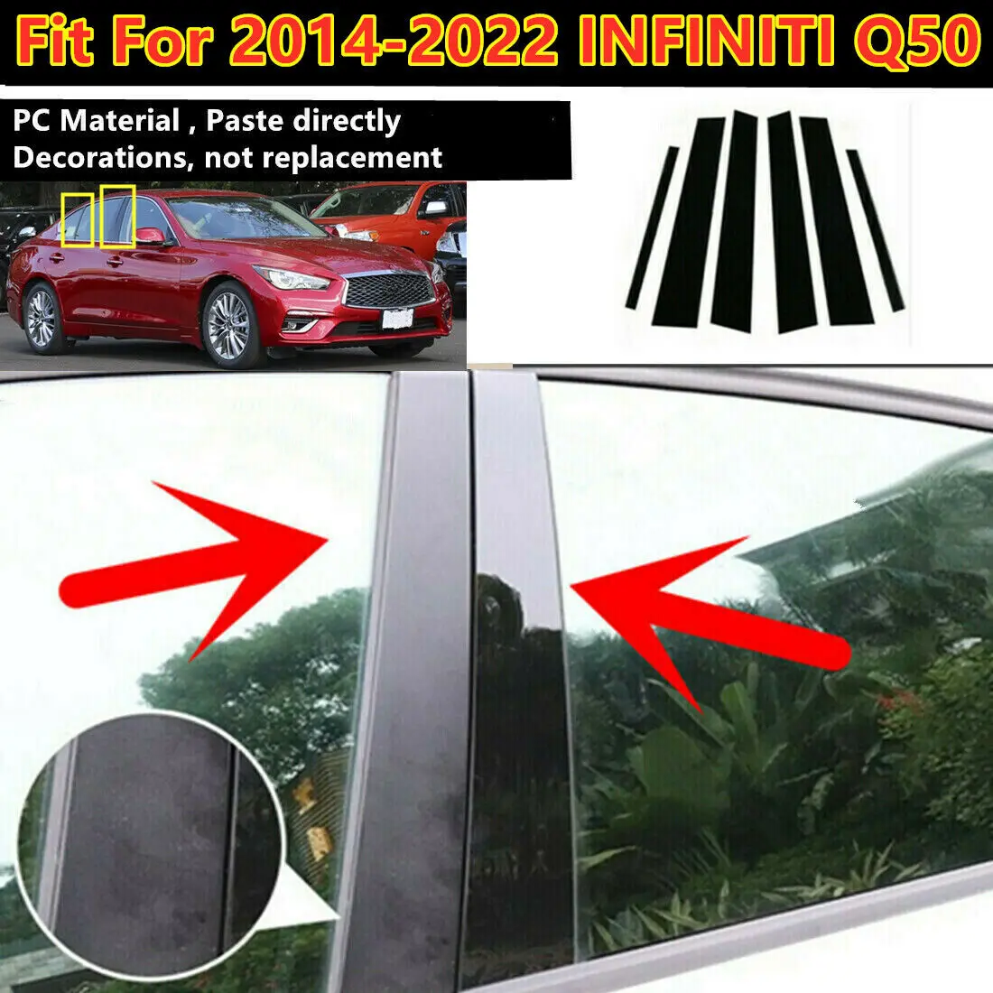 6 adet / takım Araba Kapı Pencere Pillar Mesajları Parlak Siyah Ayağı Kalıp Kapağı Trim INFİNİTİ Q50 2014-2022