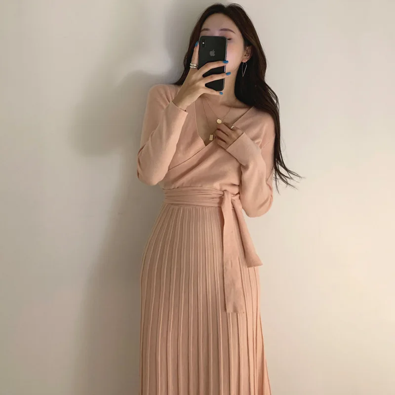 Bayan Şık Elbise Sıkı Kadın Örme Bodycon Parti Kalem Elbise Sonbahar Kış Katı Uzun Kollu V Boyun İnce Gece Kulübü Giyim 0