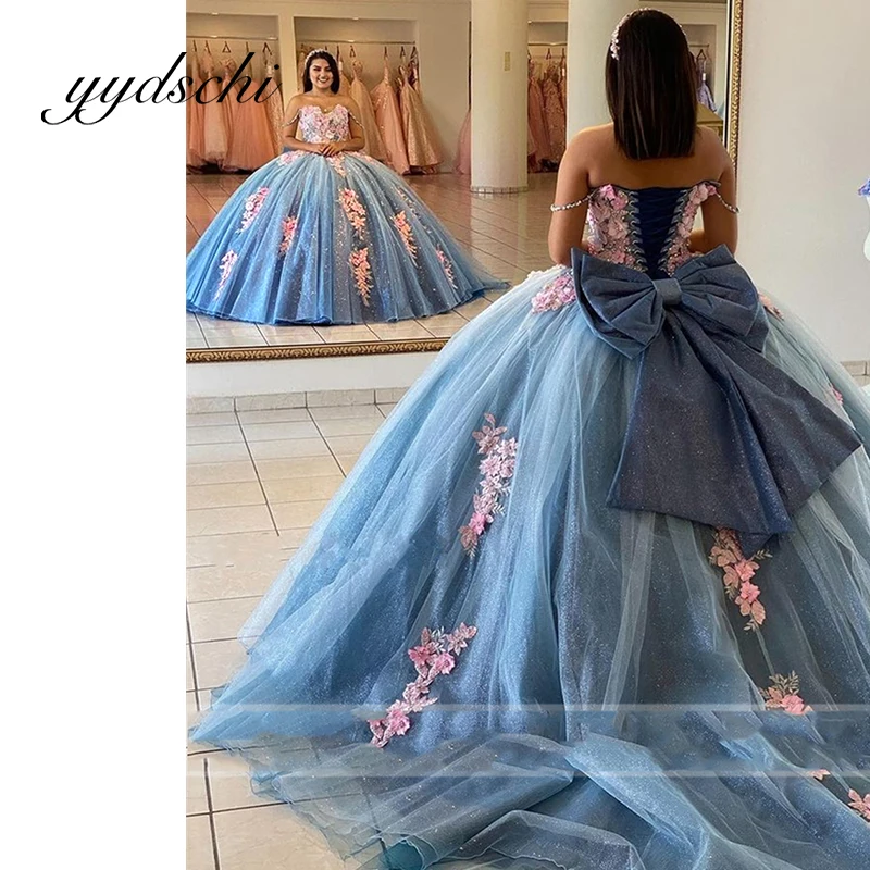 Mavi Prenses Kapalı Omuz Aplikler Glitter Quinceanera Elbiseler Vestidos De 15 Años Doğum Günü Partisi Elbisesi 2022 Kız Vestidos