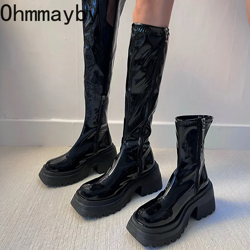 Kış Platformu Uzun Çizmeler Patent Deri Kürk Çizmeler Uyluk Yüksek Çizmeler Siyah Beyaz Botas Diz yüksek ayakkabı Goth Punk Sürme Ayakkabı
