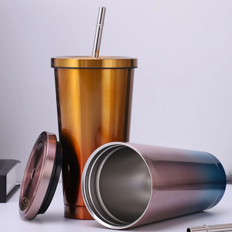 500ml Paslanmaz Çelik Vakum Saman Bardak Suyu Kahve kapaklı kupa Taşınabilir Çift Katmanlı Yalıtım Şişesi Ev Drinkware