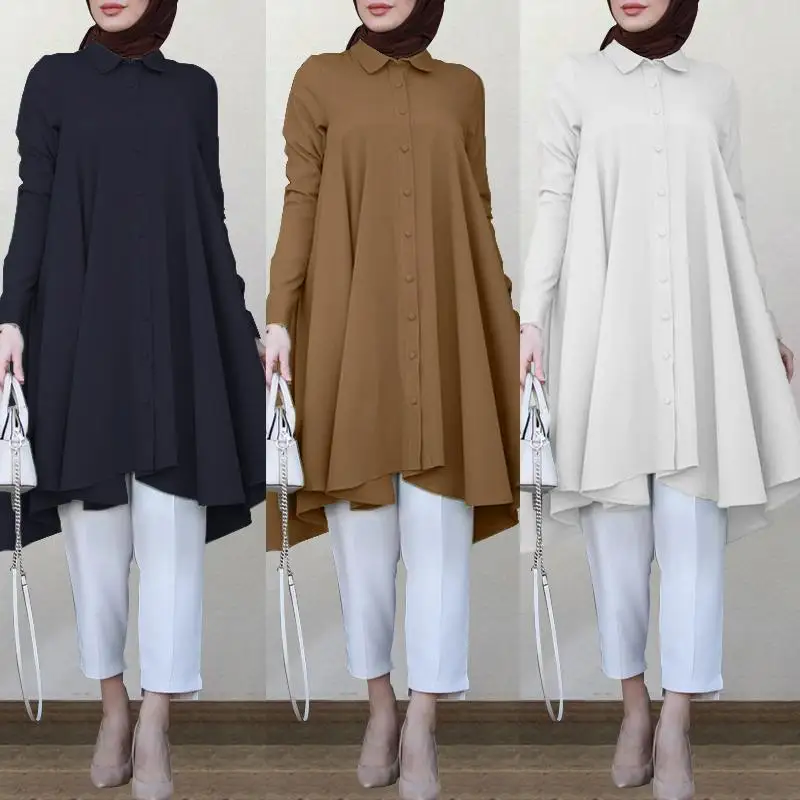 Vintage Asimetrik Gömlek kadın Sonbahar Bluz ZANZEA 2022 Casual Uzun Kollu Türk Elbise Gömlek Kadın Katı İslam Giyim