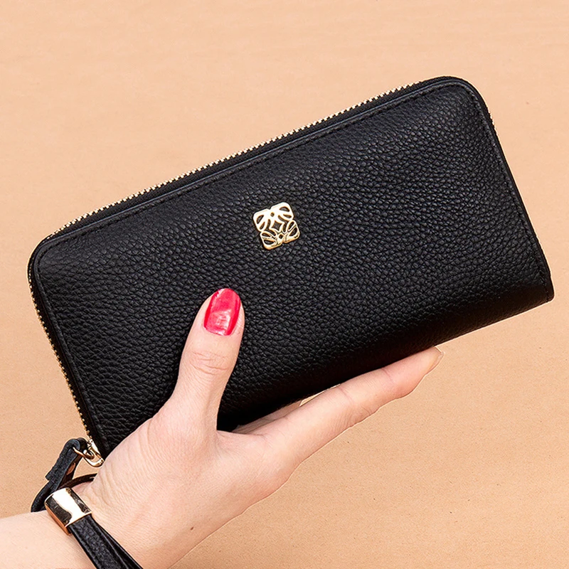 Ellovado Hakiki Deri Kadın Cüzdan Çok Fonksiyonlu Fermuar Çantalar Moda Tüm Maç el çantası Kredi kart tutucu Telefonu Çantası