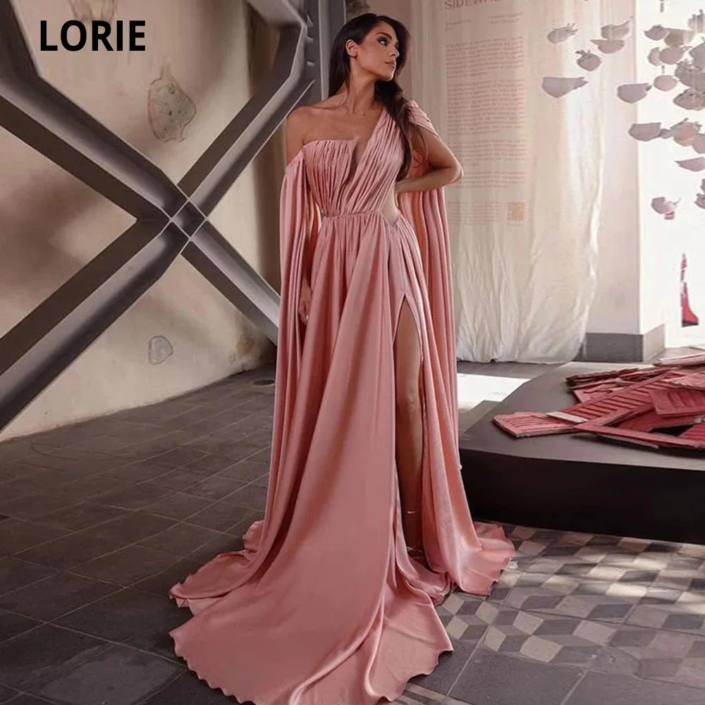 LORIE Tozlu Pembe A-Line Uzun balo kıyafetleri Bir Omuz Yan Bölünmüş Akşam Partisi Törenlerinde Saten Plise Suudi Arabistan Elbiseler De Soirée