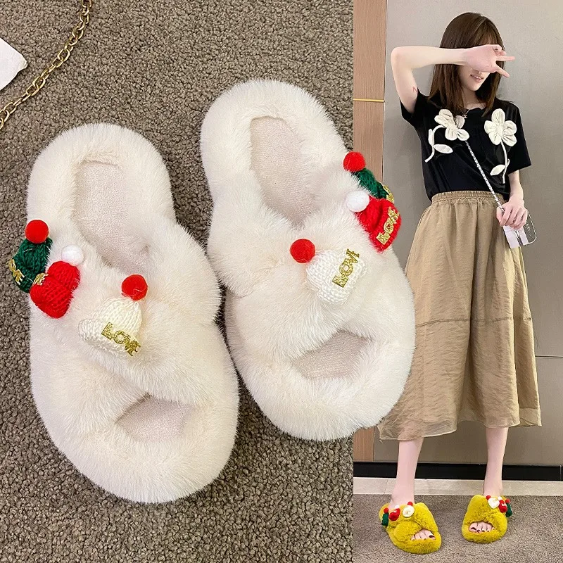 Noel Kabarık Çapraz Terlik Kadınlar için Moda Düz Peep Toe Flip-flop Sevimli Kapalı Sıcak Peluş Kürklü Ev Ayakkabı Kat Slaytlar