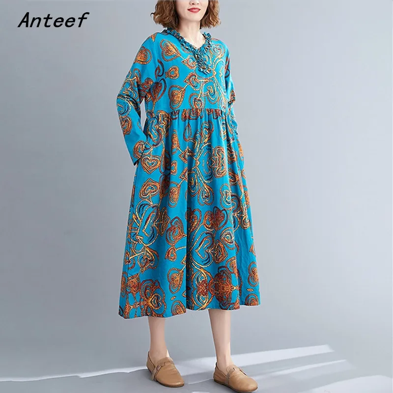 uzun kollu pamuk keten vintage çiçekli elbiseler kadınlar için rahat gevşek kadın bahar sonbahar elbise zarif giysiler 2021