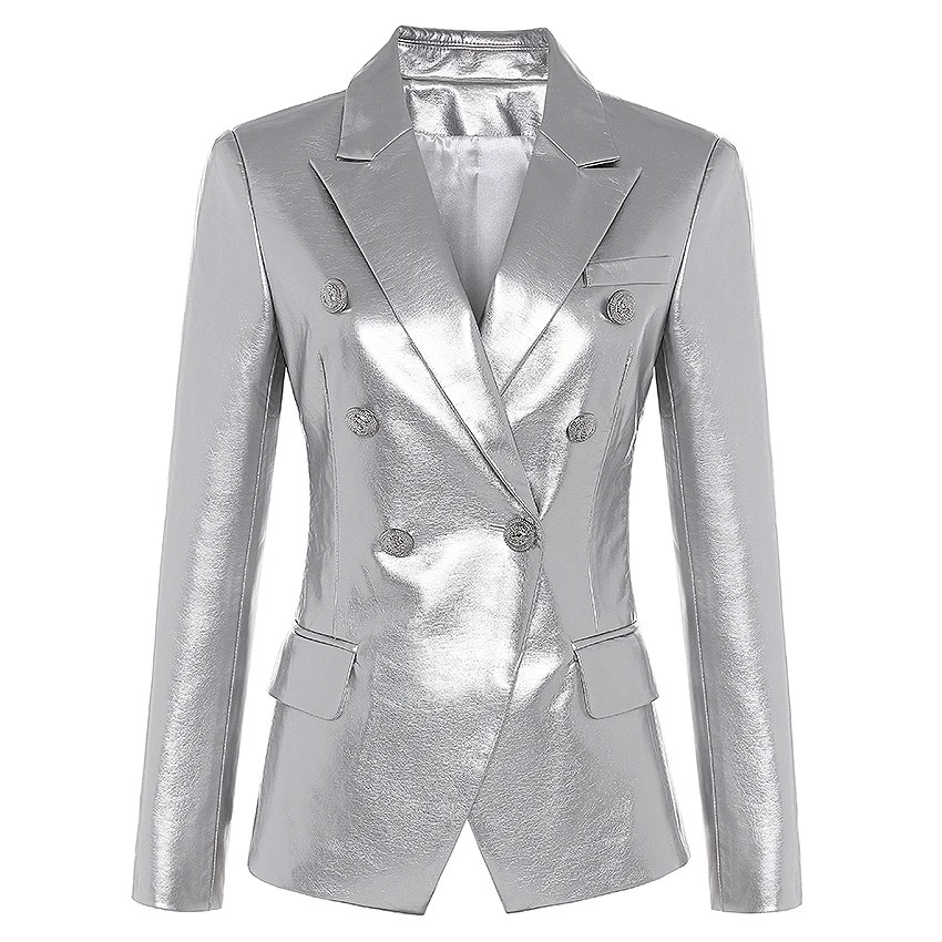 Yeni Sonbahar Kış 2022 Tasarımcı Blazer Ceket kadın Aslan Metal Düğmeler Kruvaze Sentetik Deri Blazer Palto 0