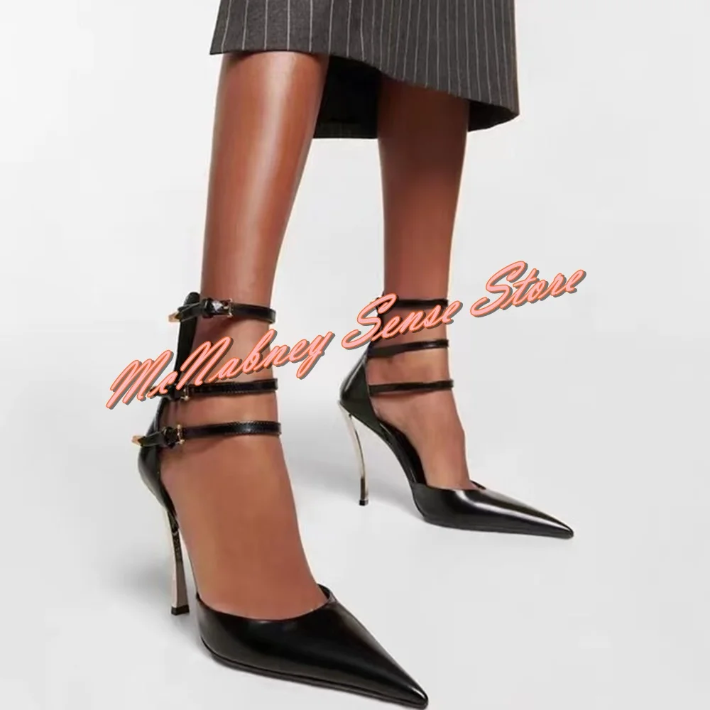 Toka Sarılmış Patent Deri Pompaları Sivri Burun Katı Metal Stiletto Topuklu Sapanlar Pompaları Kadınlar Yeni Stil Ayakkabı Parti Elbise Seksi