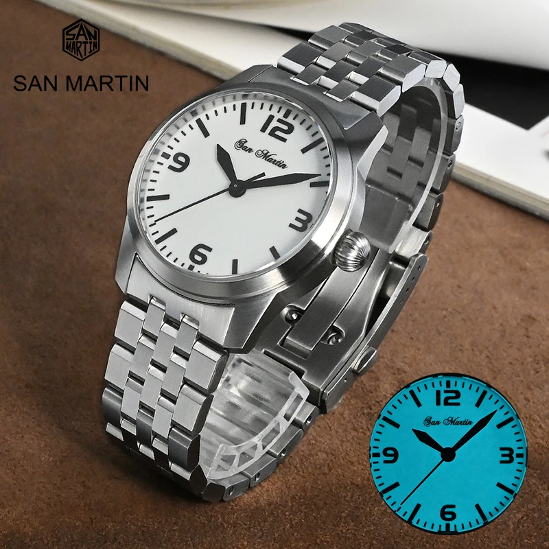 San Martin Üst Marka yeni YN55 otomatik mekanik saatler erkek Klasik Retro saatler bilezik 10Bar su geçirmez ışık Pilot 0