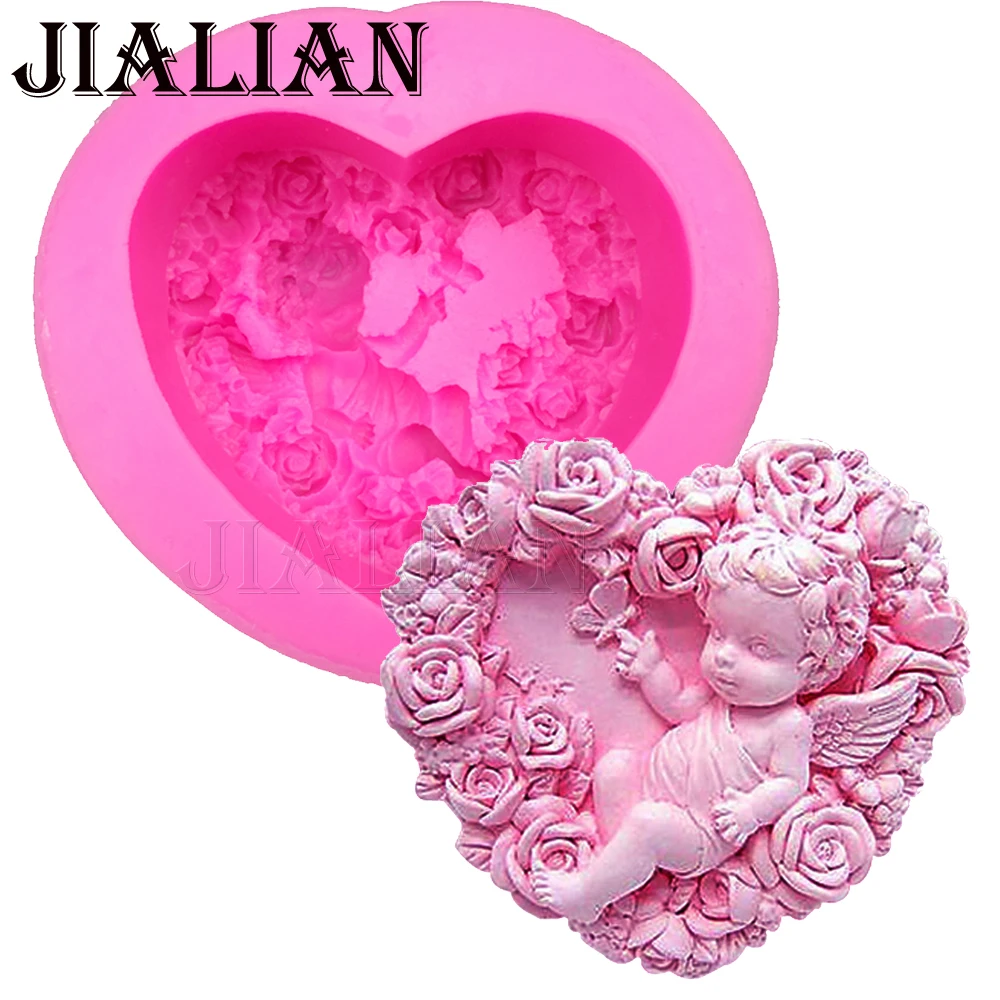 3D kalp Aşk Şekli melek çocuk gül sabunu kalıp düğün pastası dekorasyon araçları DIY pişirme fondan silikon kalıp T0120