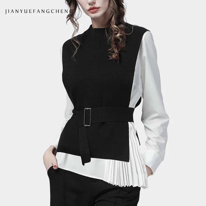 Moda Bayan Kazak Yelek 2 Parça Set Yeni 2021 Sonbahar Kıyafetler Siyah Örme Yelek + Pilili Beyaz Gömlek