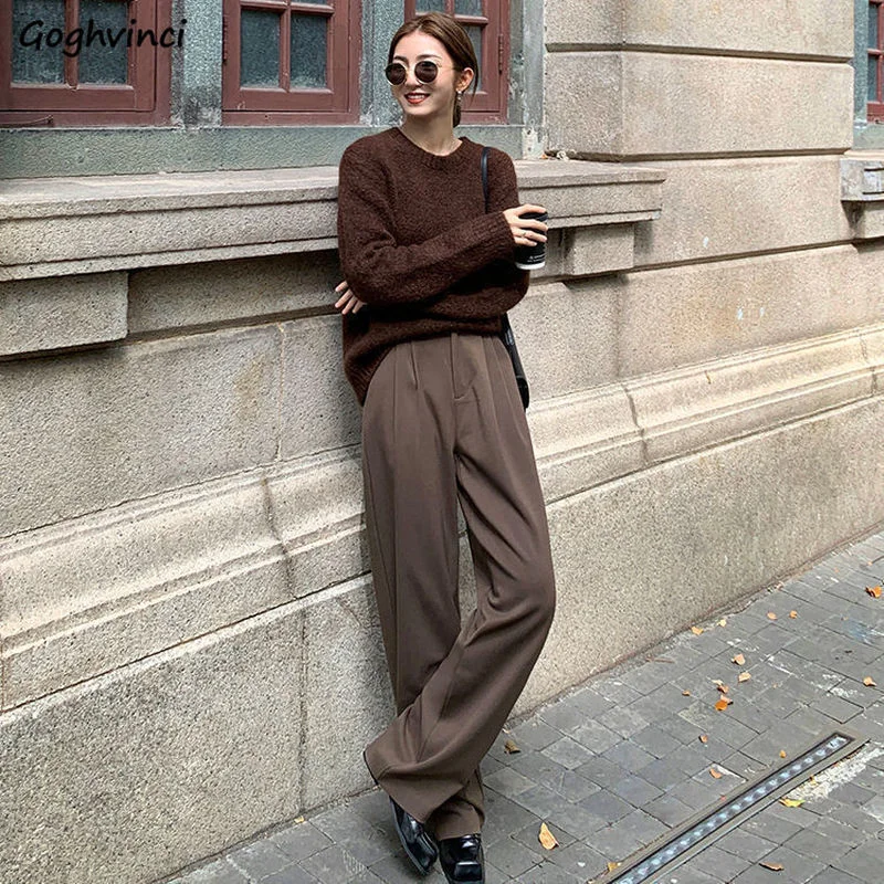 Geniş Bacak Pantolon Kadın Sonbahar Vintage Gevşek Tüm Maç Paspas Rahat Katı Basit Şık Günlük Pantolon Cepler 90'lı Ofis Bayan