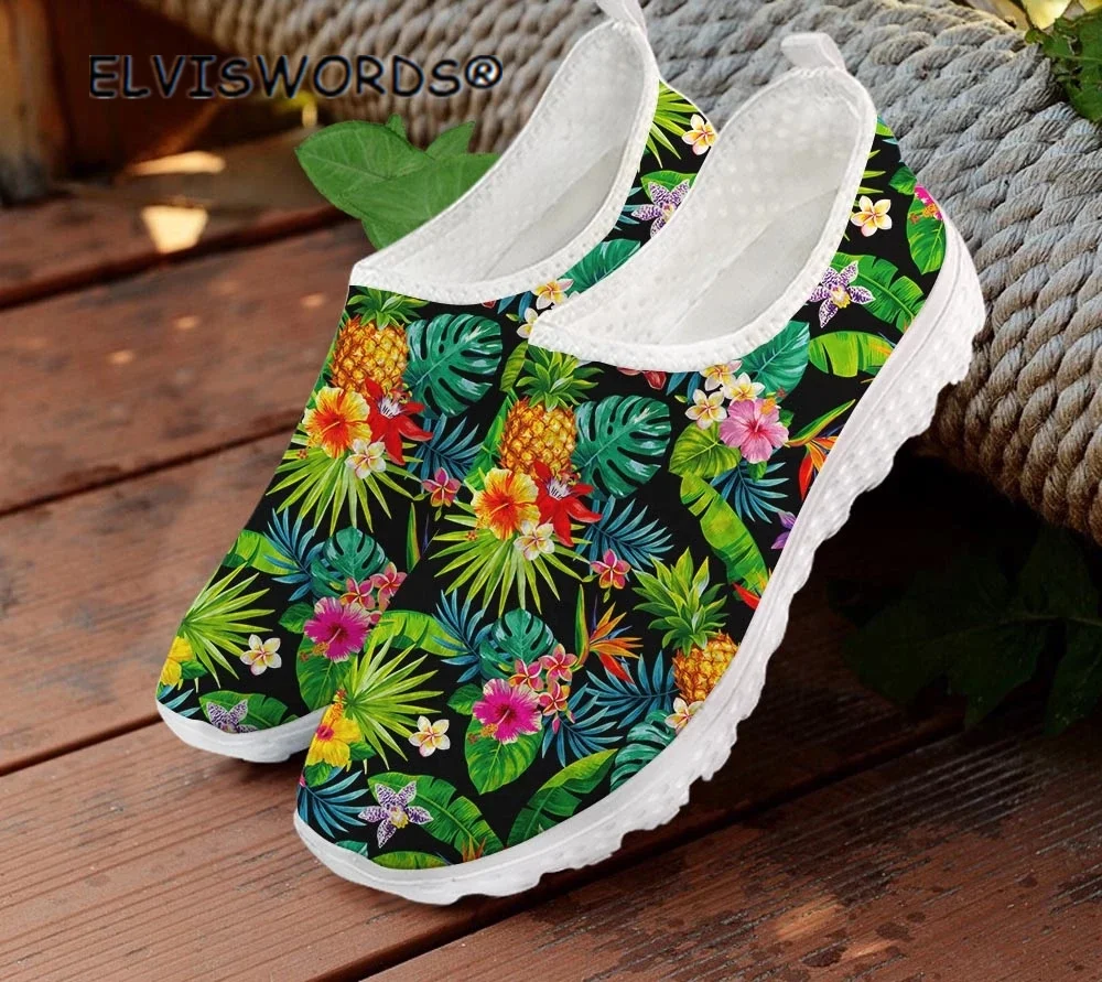 ELVISWORDS Tropikal Ananas Hawaii Tarzı Bayanlar Sneakers Yaz kadın Flats Ayakkabı Hava Mesh Nefes Kadın Slip-on Loafer'lar