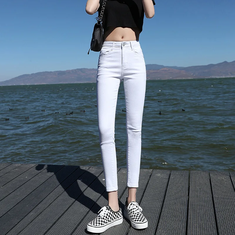 6 renk Beyaz Gökyüzü Mavi Yeni Yaz kadın Kot Küçük Ayak Slim-fit Skinny Jeans Esneklik Yüksek Bel Rahat Yumuşak Pamuk
