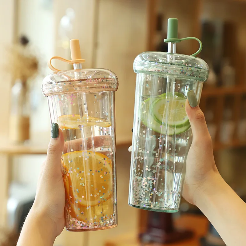 Kawaii Kabarcık Çay Su Şişesi Plastik pipetli bardak Yalıtımlı Drinkware Çay Suyu Kız Köpüklü Şişeler Okul BPA Ücretsiz