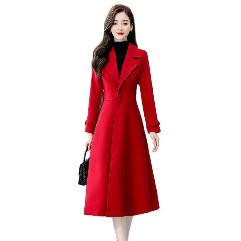 Kadın Uzun Yün Ceket 2021 Yeni Bahar Sonbahar Kış Tüm Maç Yün Karışımı Ceket Uzun İnce Takım Elbise Yaka Rüzgarlık Ceket Q148