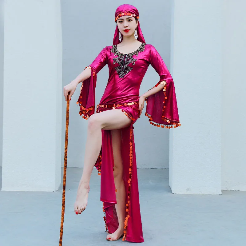 Mısır Oryantal dans kostümü Saidi Elbise, Baladi Galabeya, Fallahi Abaya, Kaftan Sahne Performansı Gösterisi Giyim 4 Parça Set