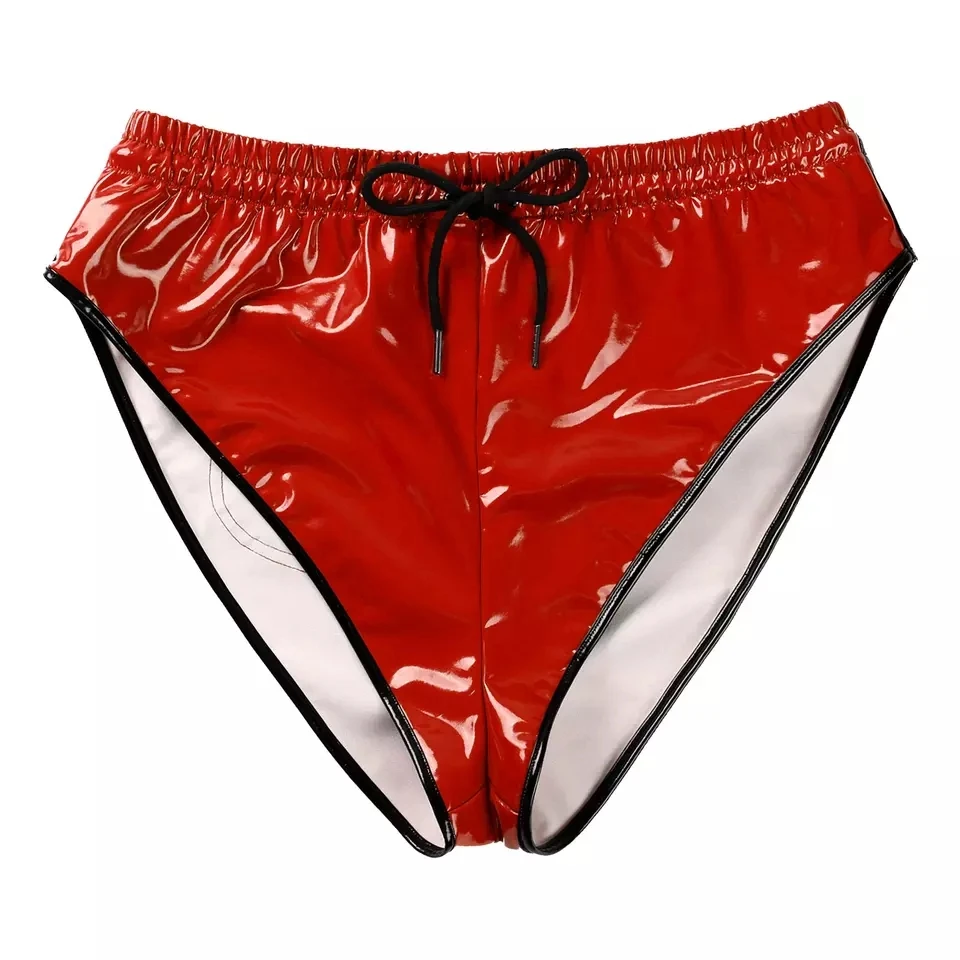 Seksi Parlak PVC Deri Şort Kadınlar İçin Erotik Altında Yüksek elastik Tanga Külot Parlak Lateks Mini pantolon İpli Sexi