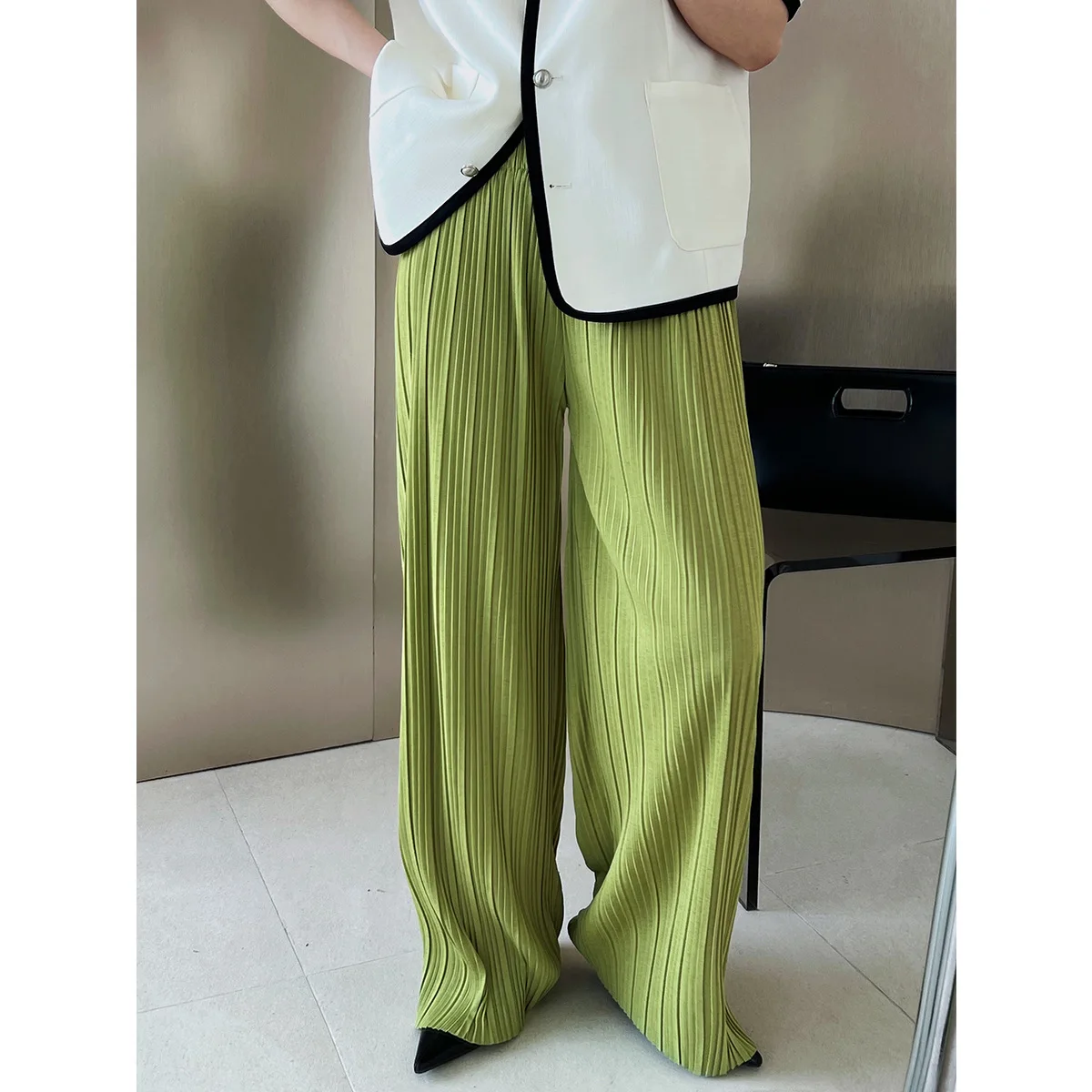 Katı Pilili Geniş Bacak Pantolon Yeşil kadın Rahat Bayanlar Pilili pantolon Gevşek Yüksek Bel Streetwear İnce Pantolon Kadın Yeni 0