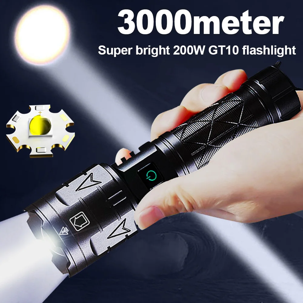 200 watt En Güçlü LED el feneri 1000000LM Tip-c şarj edilebilir meşale ışık 3000 Metre Yüksek Güç El Feneri Taktik Lanten