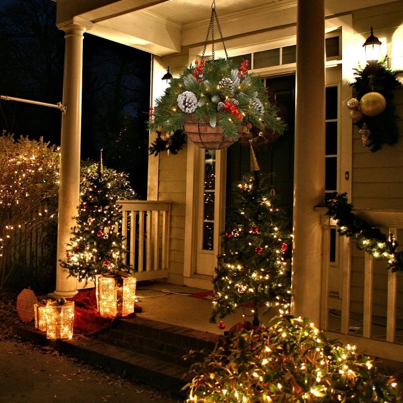 Led ışık Önceden Aydınlatılmış Noel Asılı Sepet Noel Kapı Çelenk Süslemeleri Asılı Noel Sundurma Kapalı Açık