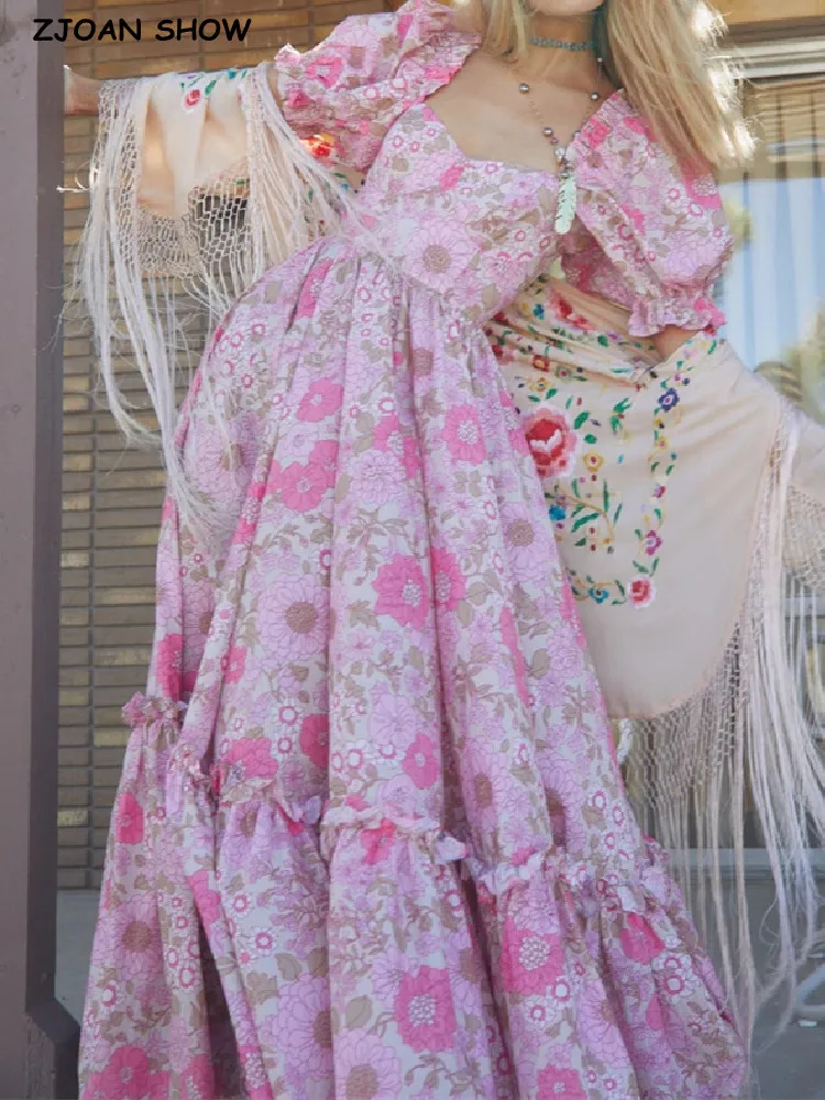 Prenses Çapraz Pembe Çiçek Baskı Maxi Uzun askı elbise Kadın Korse Kare boyun Puf kollu Dantelli Ruffles Hem Peri Elbise