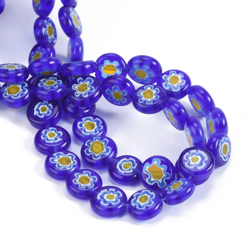 Düz Yuvarlak 8mm 10mm Derin Mavi-Sarı Çiçek Desenleri Millefiori Cam Gevşek El Sanatları Boncuk Lot DIY Takı Yapımı Bulguları