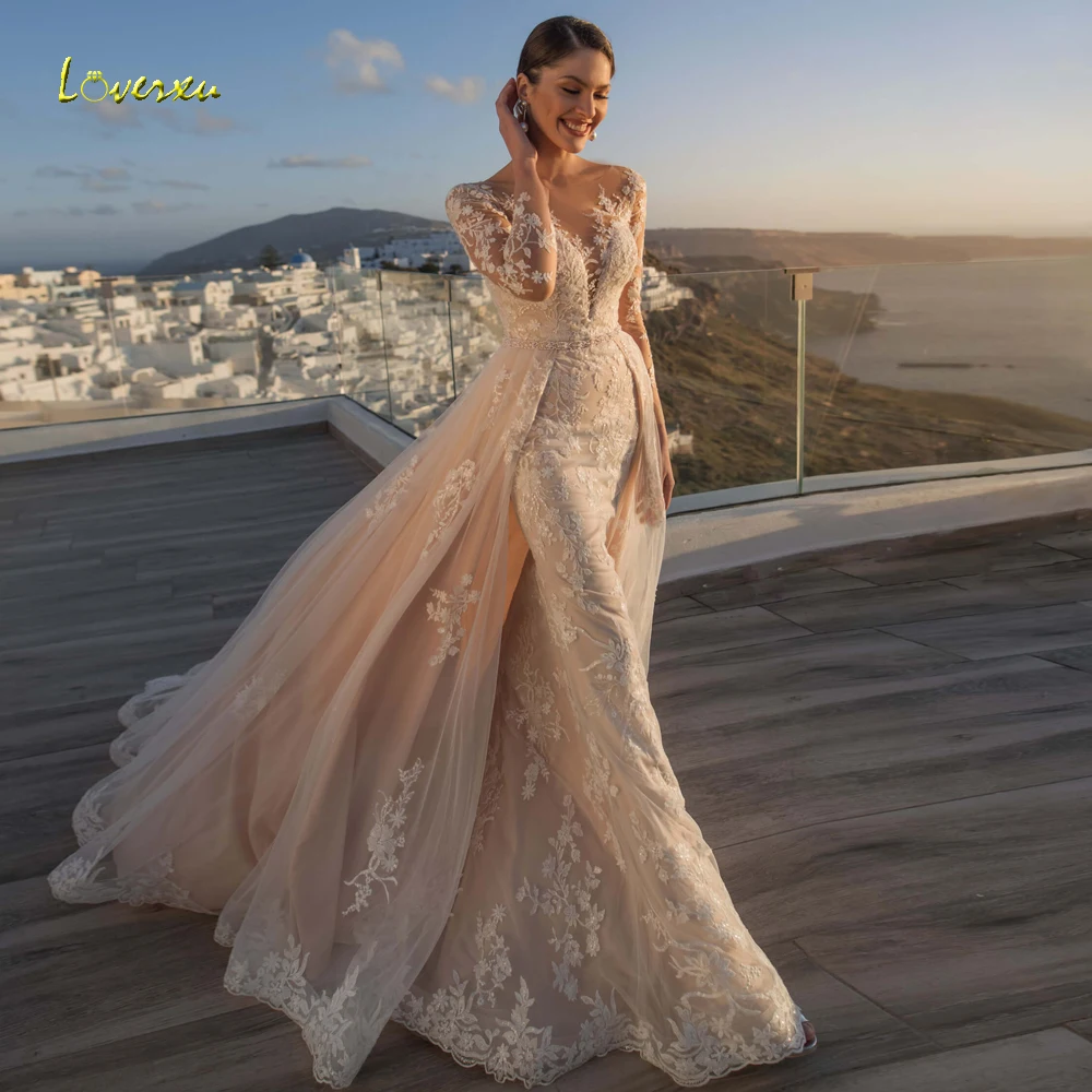 Loverxu Vestido De Noiva Uzun Kollu Dantel Mermaid düğün elbisesi 2022 Seksi Illusion Ayrılabilir Tren Trompet Vintage gelin kıyafeti