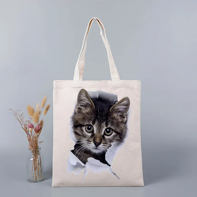 Kadın Büyük Kapasiteli Eko alışveriş çantası Sevimli Tote Çanta Hayvanlar Siyah Kedi Baskı Kanvas Çanta Günlük Kullanım Katlanabilir Çanta Tuval Tote