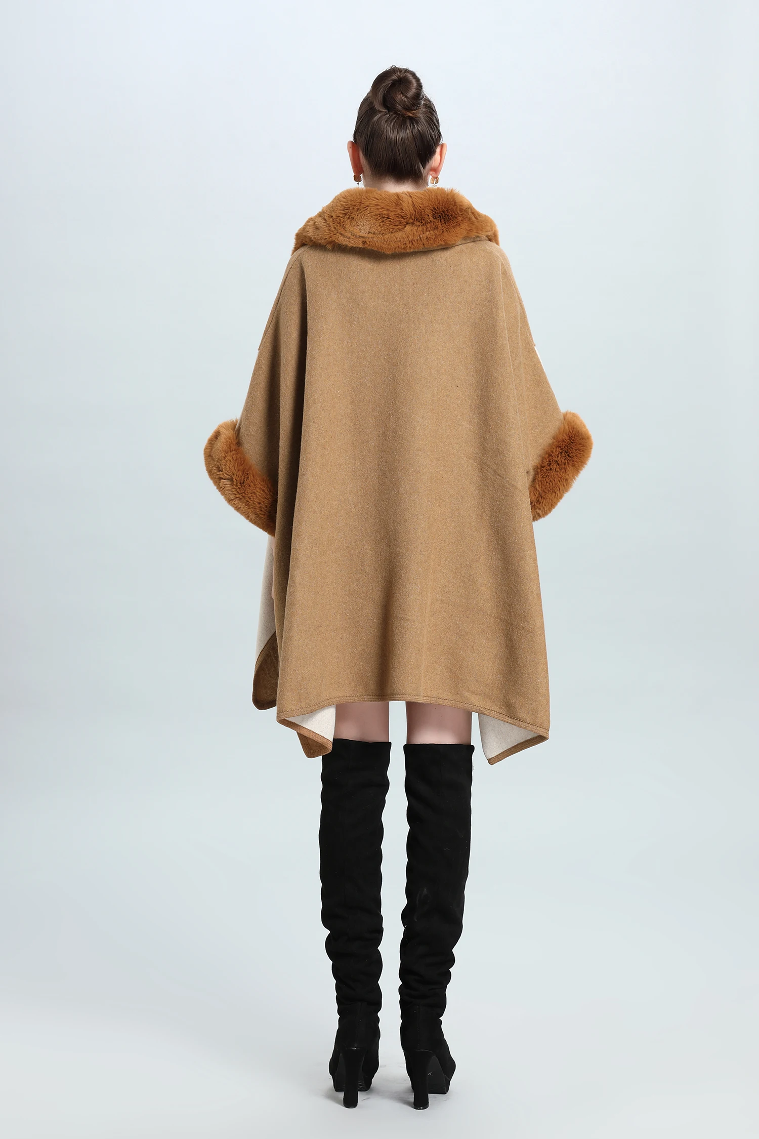 7 Renk Blok Kış Sıcak Artı Boyutu Gevşek Panço Palto Büyük Faux Kürk Boyun Şal Pelerin Kadın Kaşmir Outstreet Kalın Giyim ceket 1